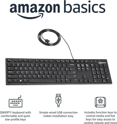 Highlights multiple key features and benefits of the keyboard, including comfortable quiet keys, easy USB setup, and convenient function keys.