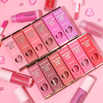 Shows the full range of liquid blush shades and finishes included in the product line.