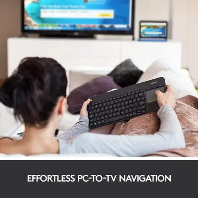 Highlights the keyboard's ability to seamlessly control a TV or display from a computer, providing a convenient navigation experience.