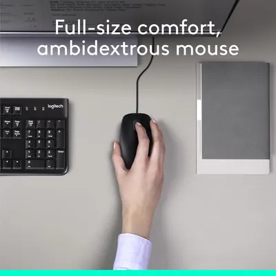 Highlights the mouse's full-size comfort and ambidextrous design for ease of use by both right and left-handed users.