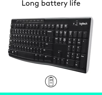 Highlights the keyboard's long battery life of 24 months to reassure shoppers about its extended usage without frequent battery changes.