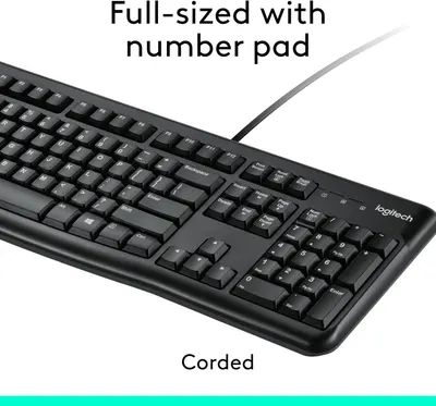Highlights that the keyboard has a full number pad and is corded, providing key information about its form factor and connectivity.