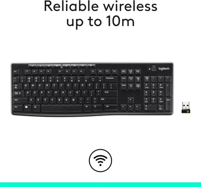 Highlights the wireless range of up to 10m for the keyboard, providing freedom of use without being tethered.