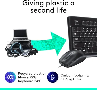 Highlights that the product is made from recycled plastic and has a low carbon footprint, promoting its environmental sustainability.