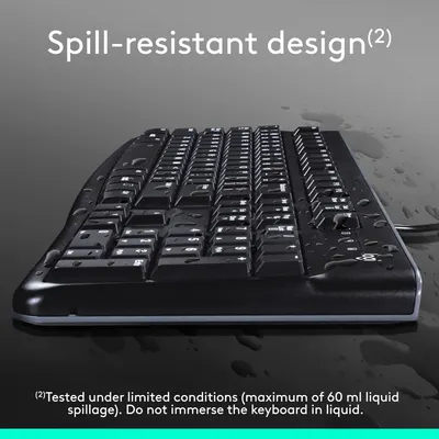 Highlights the keyboard's spill-resistant design to reassure customers that it can withstand minor liquid spills.