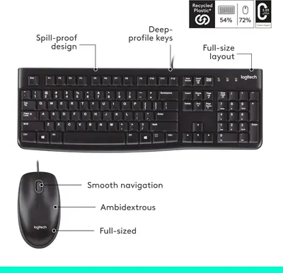 Highlights multiple key features and benefits of the keyboard and mouse combo, such as spill resistance, ergonomic design, and full-size for comfortable use.