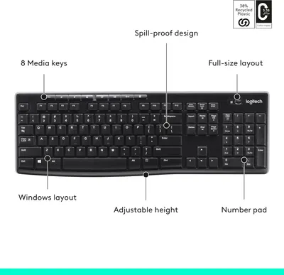 Highlights the key features and benefits of the keyboard, including its spill-proof design, full-size layout, Windows layout, adjustable height, number pad, and dedicated media keys.