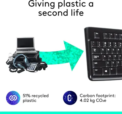 Highlights the product's use of recycled plastic and low carbon footprint to promote its environmental sustainability.