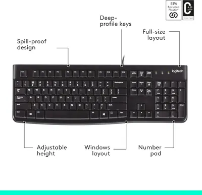 Highlights the key features and benefits of the keyboard, including its spill-proof design, deep-profile keys, full-size layout, adjustable height, Windows layout, and dedicated number pad.