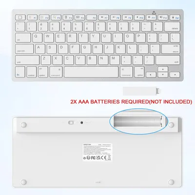 Shows that the product requires 2 AAA batteries (not included) to operate the wireless keyboard.