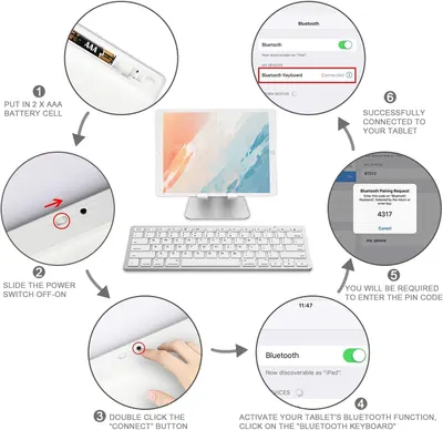 Provides step-by-step instructions on how to set up and connect the Bluetooth keyboard to a tablet or other device.