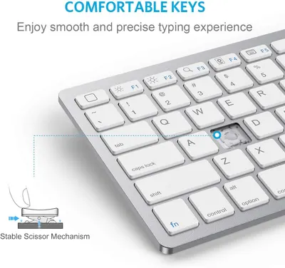 Highlights the keyboard's comfortable keys and stable scissor mechanism for a smooth and precise typing experience.