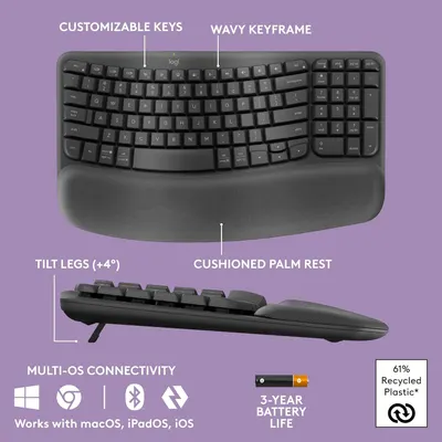 Highlights multiple key features and benefits of the ergonomic keyboard design to showcase its versatility, comfort, and eco-friendly materials.