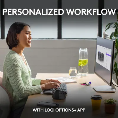 Highlights the ability to customize and personalize workflows using the Logi Options+ App for increased productivity.