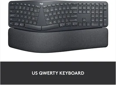 Highlights the keyboard's ergonomic wrist rest for added comfort during extended use.