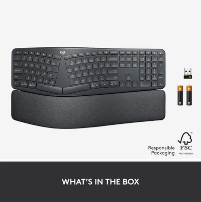 Shows all the items included in the product package - the keyboard, USB receiver, and batteries.