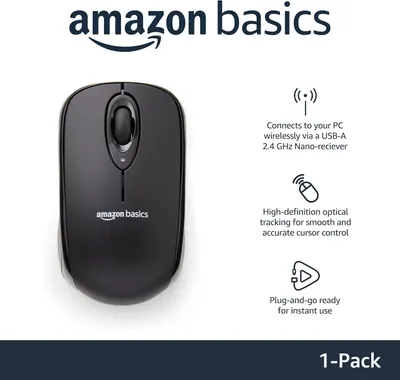 Highlights multiple key features of the wireless mouse, including wireless connectivity, high-precision tracking, and easy plug-and-play setup.