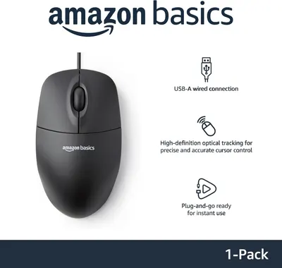 Highlights multiple key features of the computer mouse, including its wired USB connection, precise optical tracking, and plug-and-play convenience.