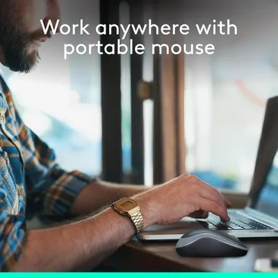 Highlights the mouse's portability, allowing users to work from anywhere with a compact, travel-friendly device.