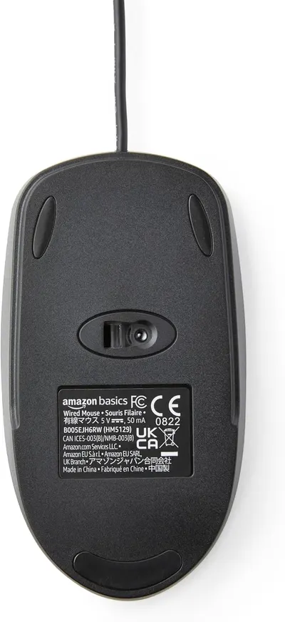 Highlights the key components and physical features of the wired computer mouse.