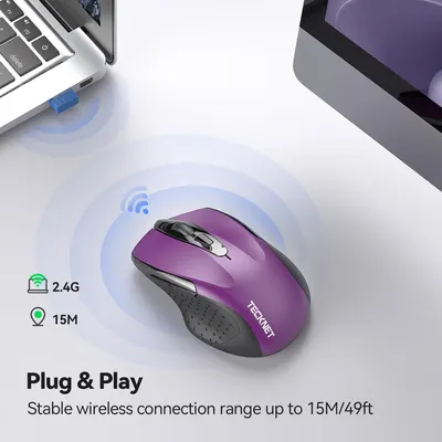 Highlights the wireless connectivity and long range of the mouse, allowing for stable and convenient operation up to 15M/49ft away.