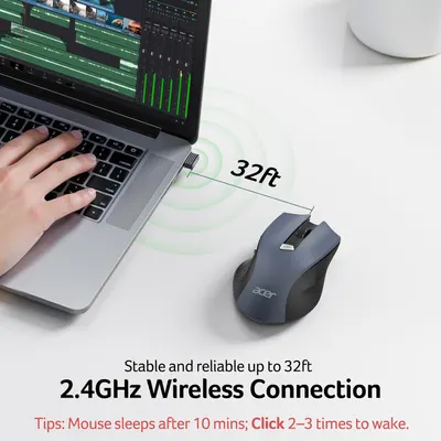 Highlights the wireless connectivity range of the mouse to reassure buyers of its reliable performance and convenience.