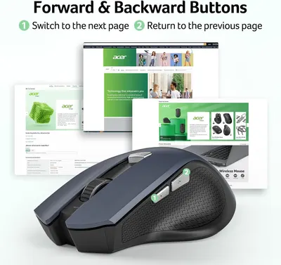 Explains how to use the forward and backward buttons on the wireless mouse to navigate between pages or screens.