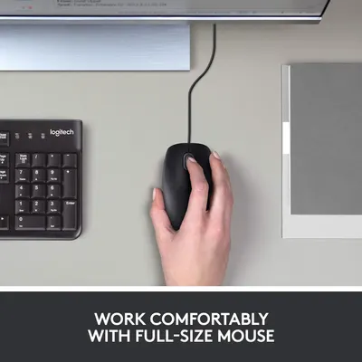 Highlights the full-size and comfortable design of the mouse for ergonomic work.
