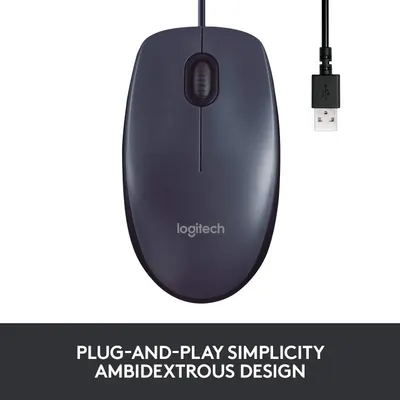 Highlights the mouse's plug-and-play simplicity and ambidextrous design for easy use with either hand.
