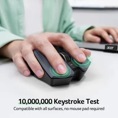 Highlights the mouse's durability by showcasing its ability to withstand 10 million keystrokes, and its versatility by being compatible with all surfaces…