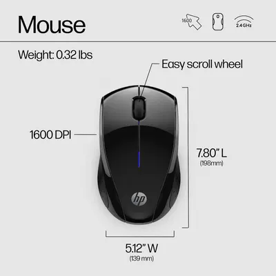 Provides detailed sizing and specification information to help shoppers understand the physical size, weight, DPI, and wireless connectivity of the mouse.