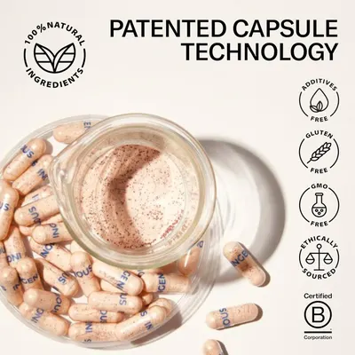 Highlights the product's patented capsule technology and natural, additive-free formulation to position it as a premium and trustworthy supplement.