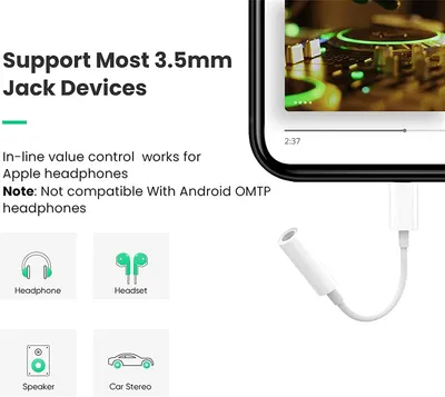 Clarifies the product's compatibility with 3.5mm audio devices and Apple headphones, while noting its incompatibility with Android OMTP headphones.