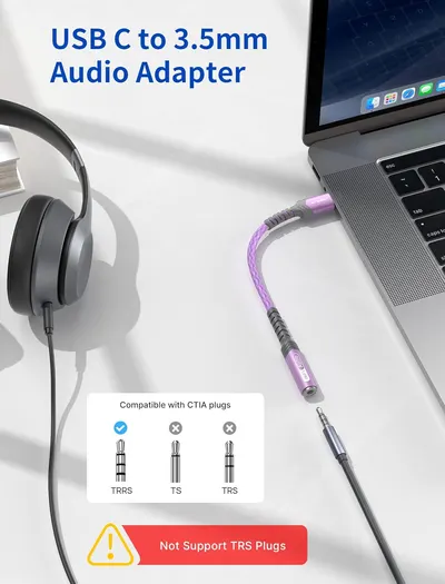 Clarifies which headphone/audio jack types are compatible with this USB-C adapter to ensure proper fit and functionality.