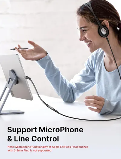 Highlights the product's ability to support a microphone and line control functionality for hands-free communication.