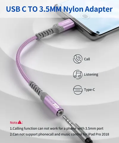 Shows the compatibility of the USB-C to 3.5mm adapter for connecting headphones/audio to devices with USB-C or 3.5mm ports, while noting limitations.