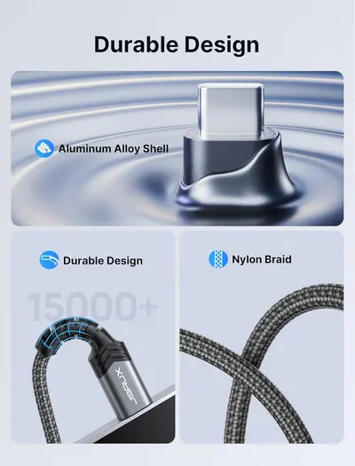 Highlights the product's durable construction using an aluminum alloy shell and nylon braided cable to convey a robust, long-lasting design.