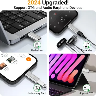Highlights the product's versatility by showcasing its ability to support various devices and accessories like OTG, audio earphones, memory cards, and flash…