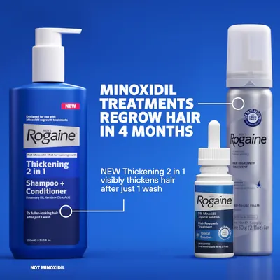 Showcases the different hair care products and their benefits, including hair regrowth treatments with minoxidil, a thickening 2-in-1 shampoo and conditioner,…
