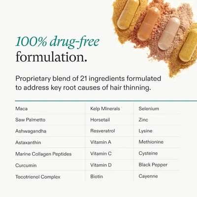 Lists out the key ingredients included in the product's formulation to address hair thinning.