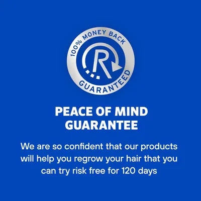 Highlights the 100% money-back guarantee to reassure customers and reduce risk in trying the hair regrowth products.