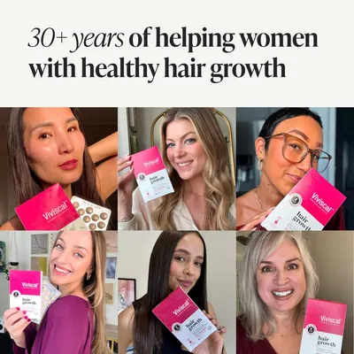 Showcases real customers using and holding the hair growth product, building social proof and relatability across different ages and ethnicities.