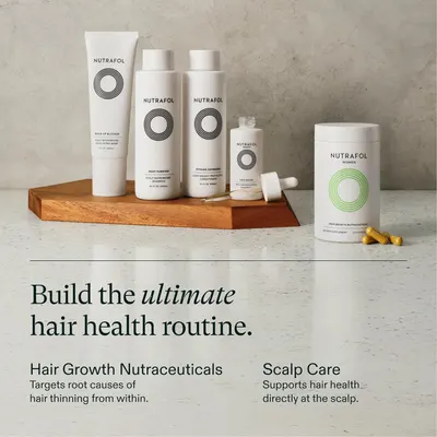 Shows the full range of products included in the hair health routine system, highlighting the nutraceuticals for hair growth and scalp care products.