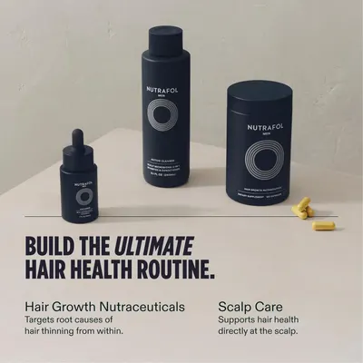 Showcases the product line's two key benefits - hair growth supplements and scalp care products - to promote a comprehensive hair health routine.