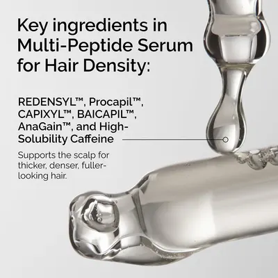 Highlights the key ingredients in the multi-peptide serum that support thicker, denser, fuller-looking hair.