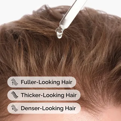 Highlights the product's ability to make hair appear fuller, thicker, and denser, addressing a common hair concern.