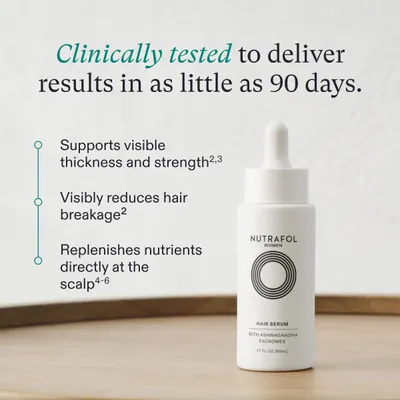Highlights multiple benefits of the hair serum product, including strengthening hair, reducing breakage, nourishing the scalp, and delivering visible results quickly.