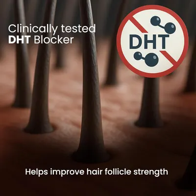 Highlights the product's clinically tested ability to block DHT and improve hair follicle strength.