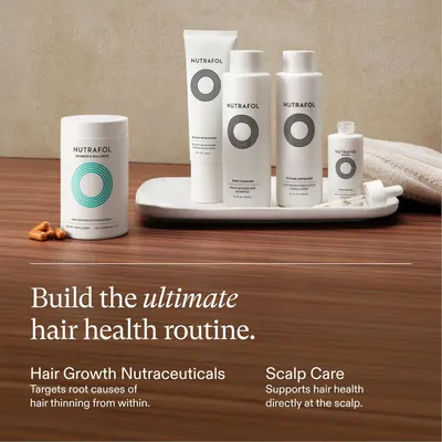 Shows the full range of products included in the hair health routine, highlighting the nutraceuticals for hair growth and scalp care products.