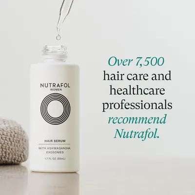 Builds trust and credibility for the product by highlighting that over 7,500 hair care and healthcare professionals recommend Nutrafol.